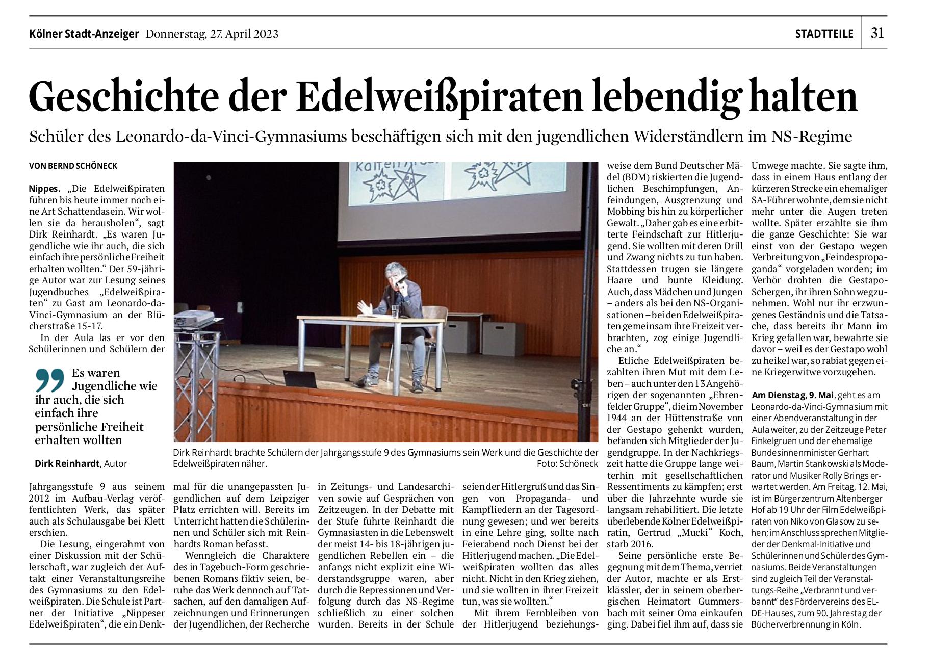 Artikel zur Lesung aus "Edelweißpiraten" von Dirk Reinhardt im Gymnasium